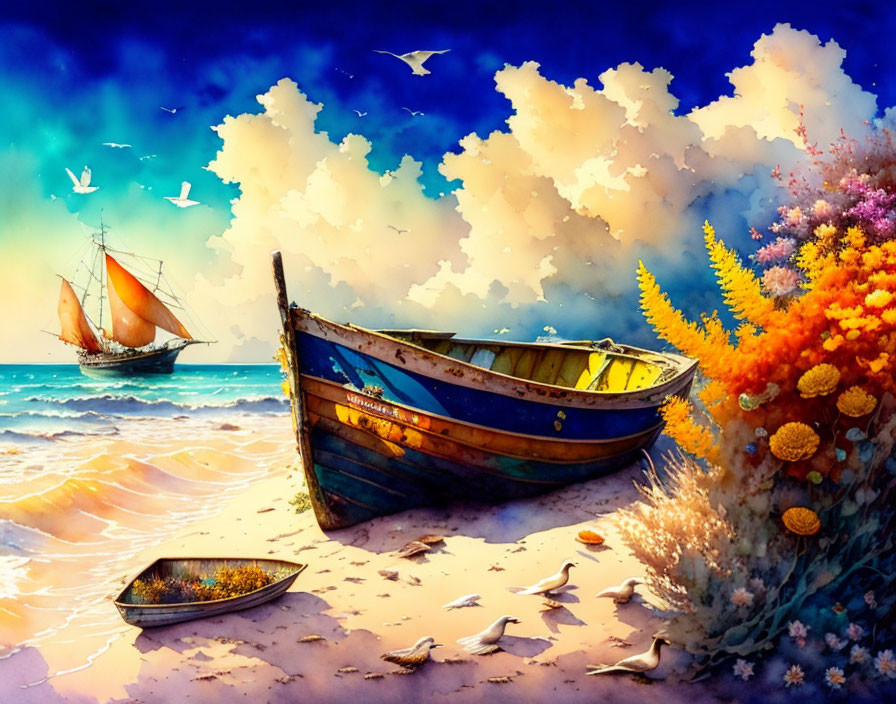 Colorful Beach Scene with Boats, Coral, and Birds Under Sunny Sky