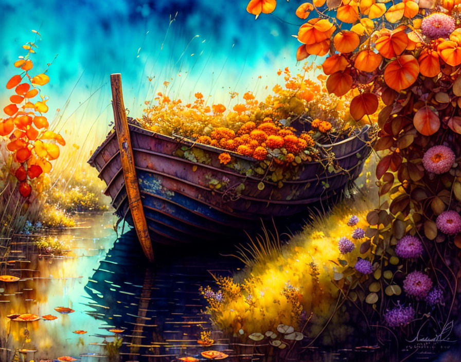 Old wooden boat covered in orange flowers by waterside with colorful backdrop