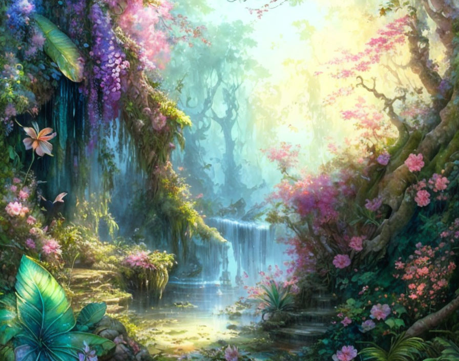 Lush forest waterfall scene with vibrant flowers