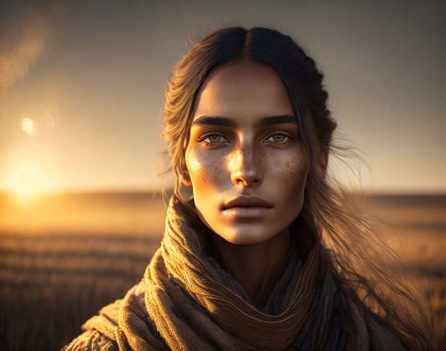 Portrait of woman with freckles and brown eyes in scarf, golden field sunset background