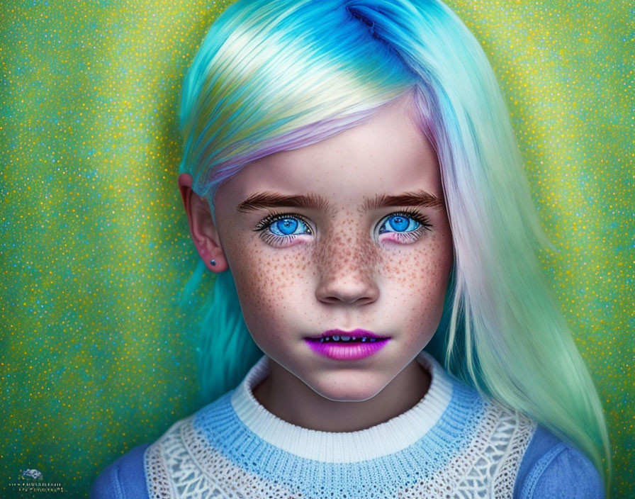 Vivid blue hair portrait of a young girl on teal background