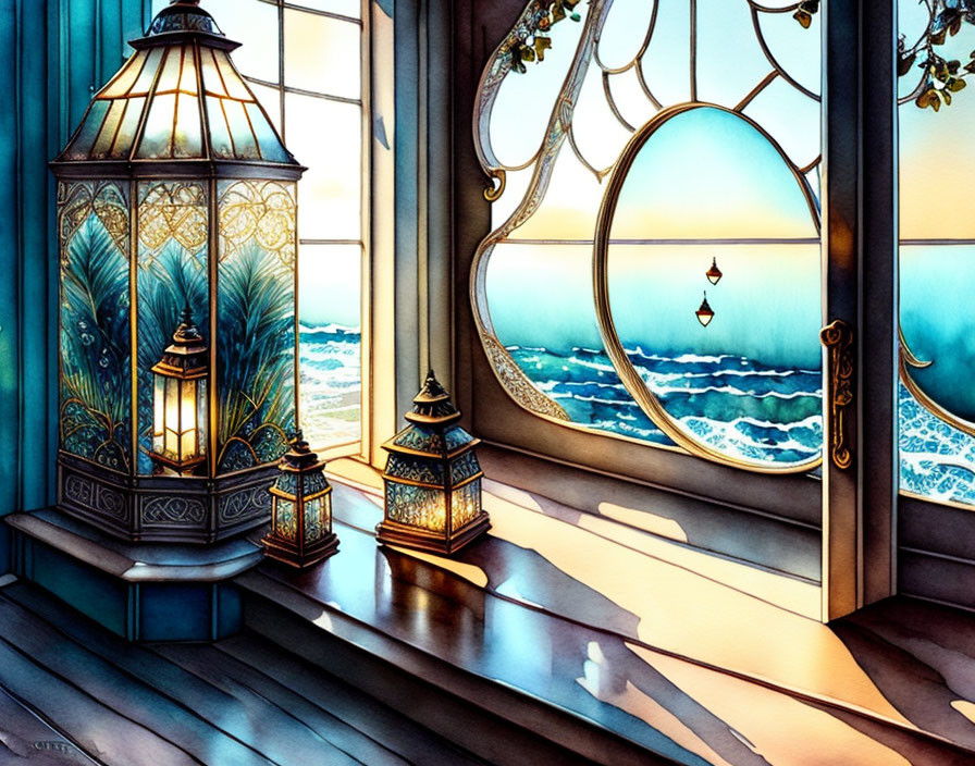 Serene room illustration with lantern overlooking calm sea at sunset