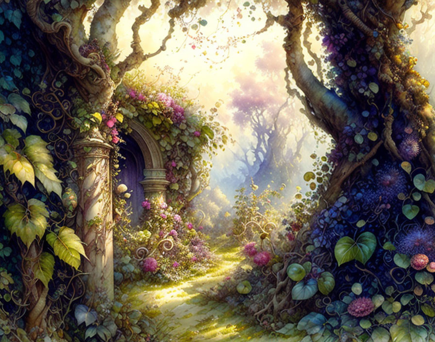 Mysterious forest with lush greenery, vibrant flowers, and arched doorway