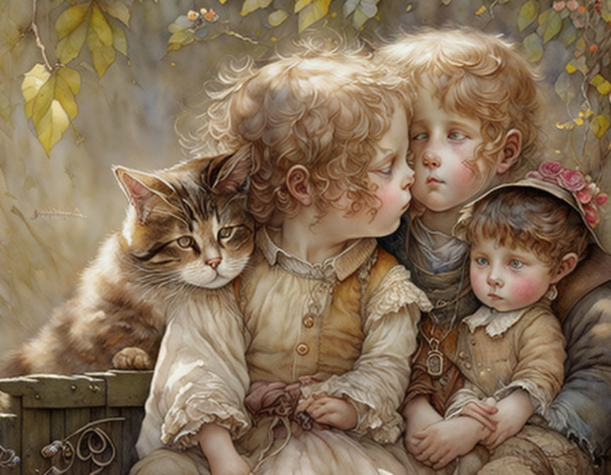 Vintage Clothing Children and Cat in Autumn Leaves Scene