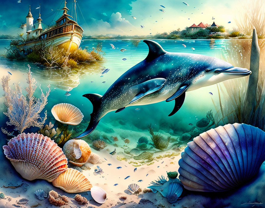 Colorful Underwater Scene with Dolphin, Corals, and Ship