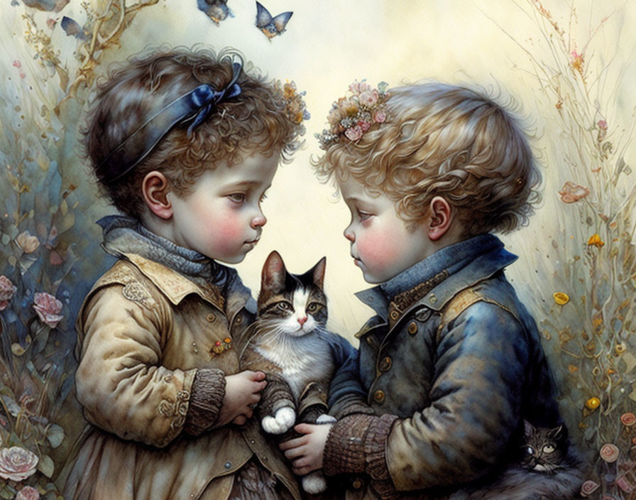 Vintage Clothing Children Holding Cats with Flowers Background