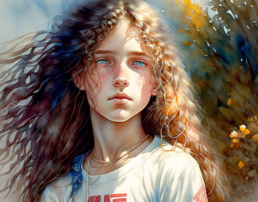 Portrait of a young girl with wavy hair and blue eyes in warm sunlight.