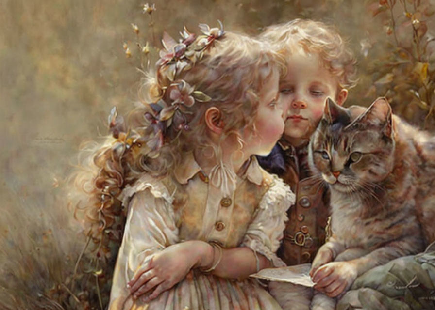 Vintage-dressed children and a cat in a golden natural setting