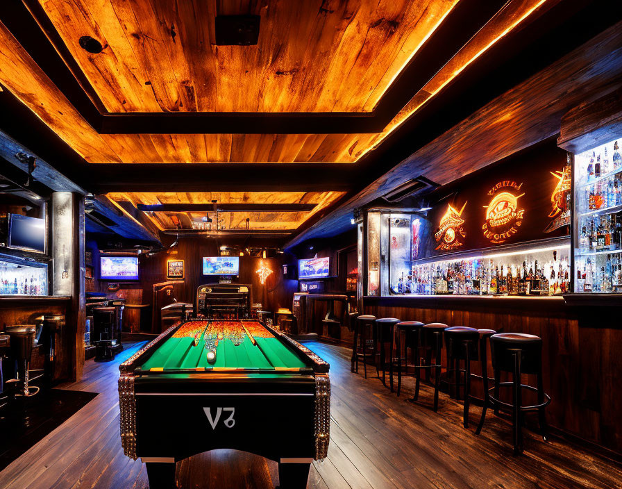 Warmly lit pub interior with pool table and well-stocked bar