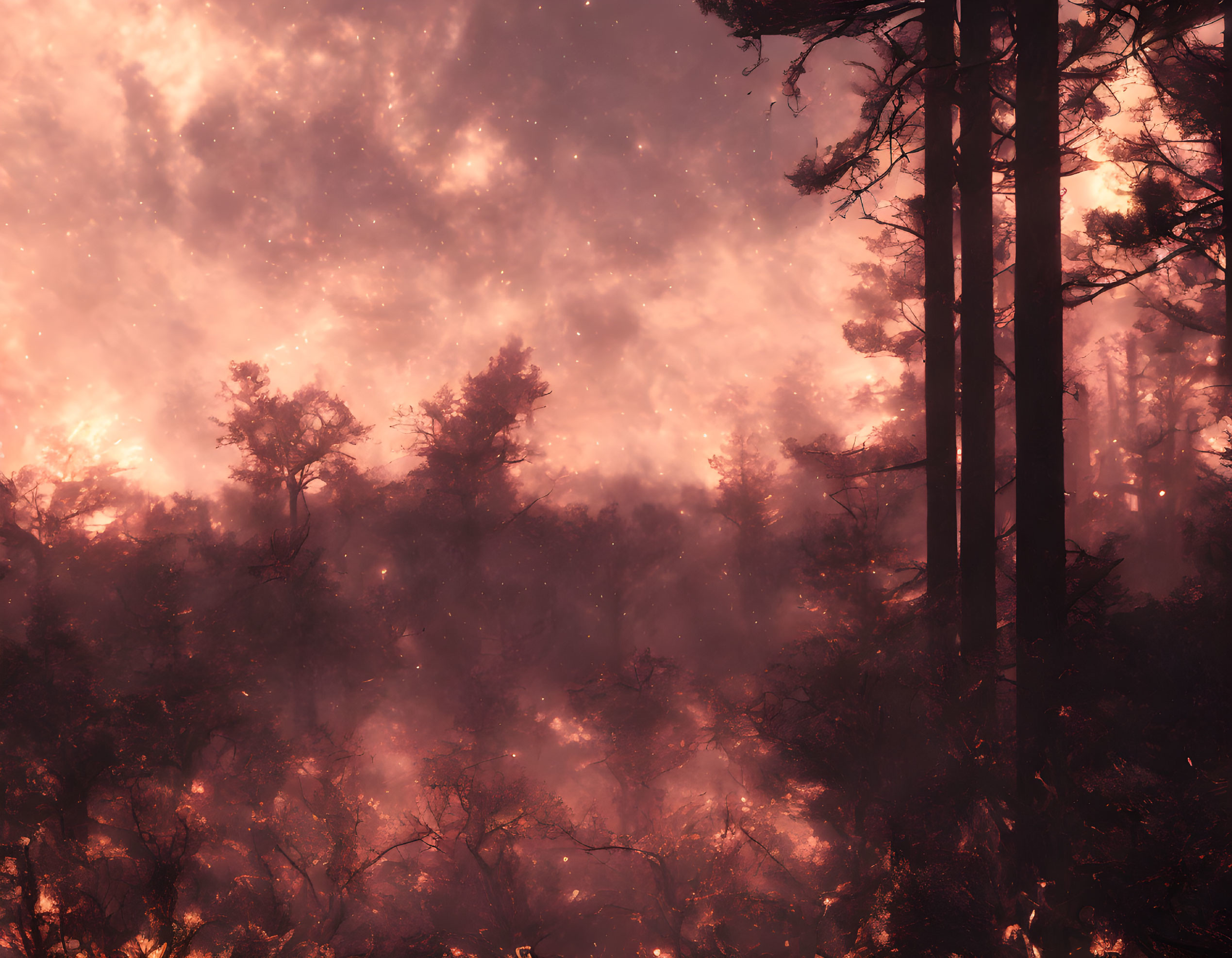 Ethereal pink and orange mystical forest scene