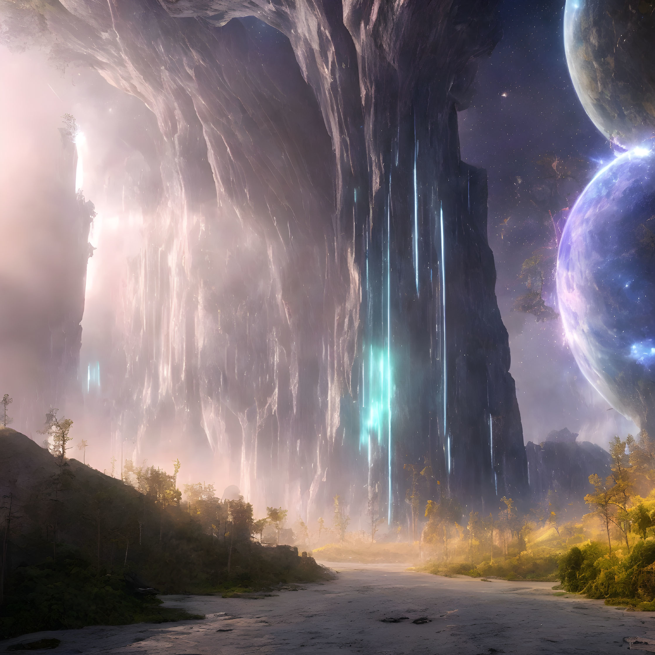 Mystical landscape with towering cliffs, cascading light beams, planets, and luminous forest