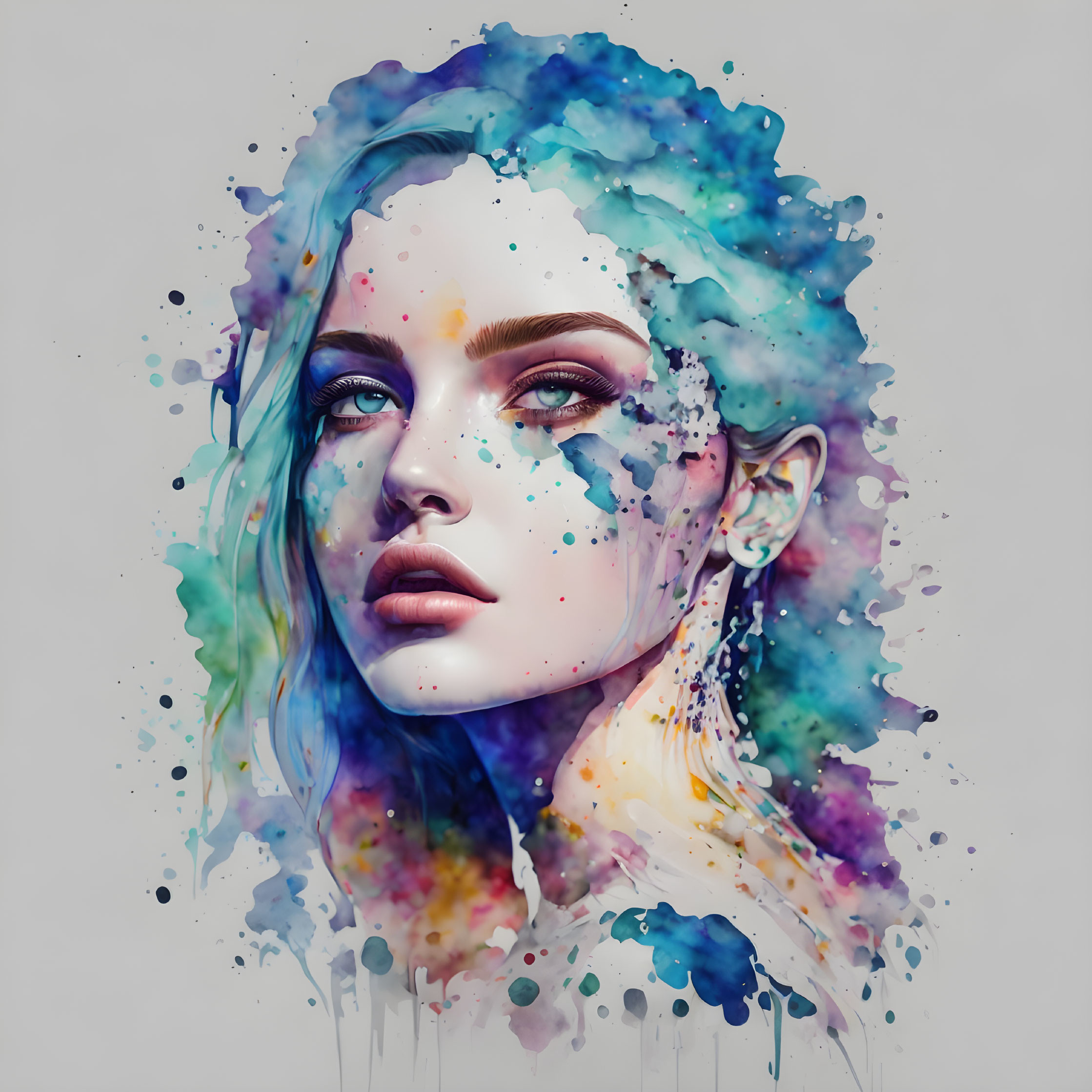 Vibrant watercolor illustration of a woman with colorful hair and paint splashes