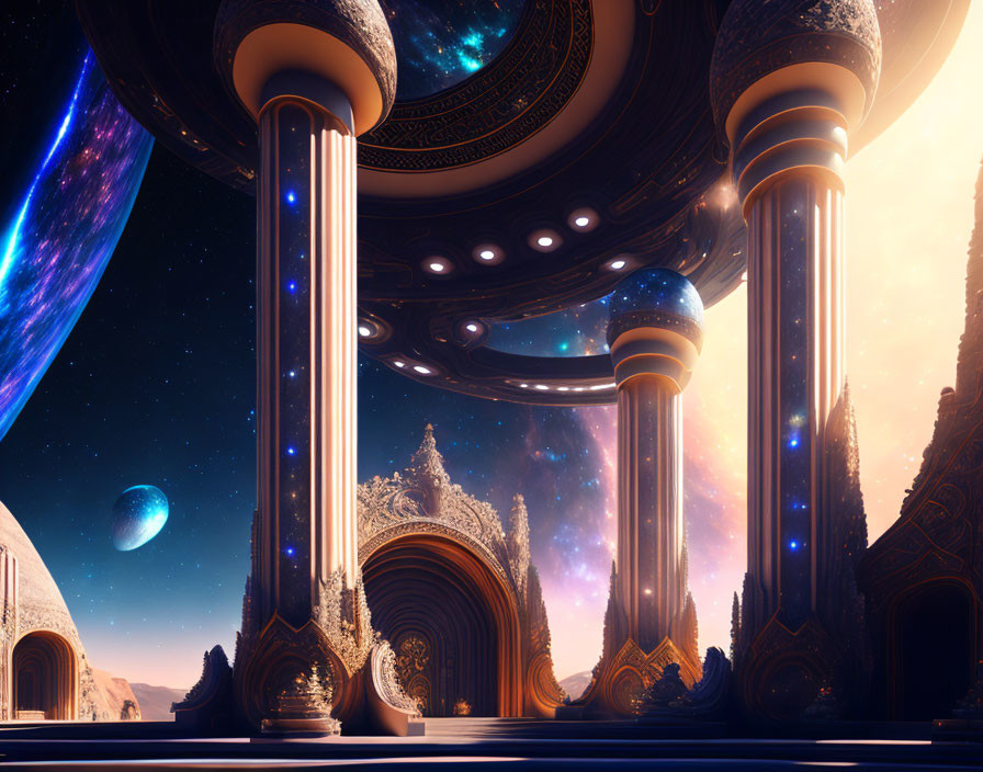 Ornate sci-fi palace with celestial theme