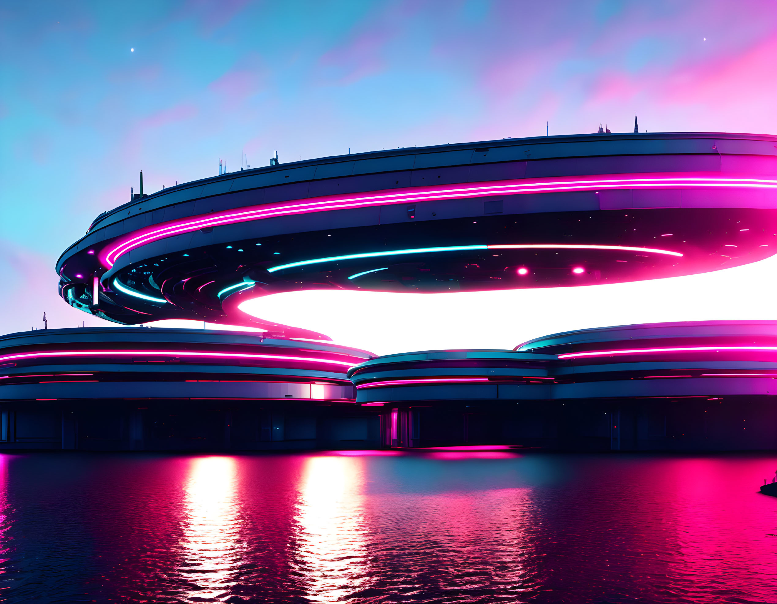 Modern building illuminated by neon lights against twilight sky and calm water.