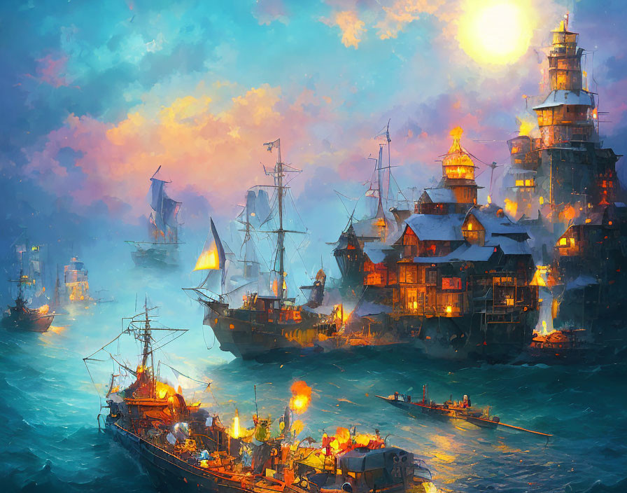 Harbor scene with ships and boats around building-laden island at sunset