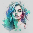 Digital artwork of female face with blue hair in vibrant turquoise and green splatter