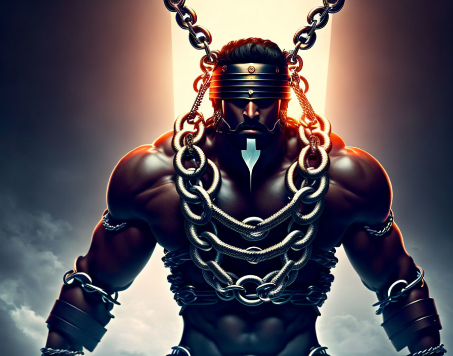 Blindfolded muscular man bound by chains under dramatic sky