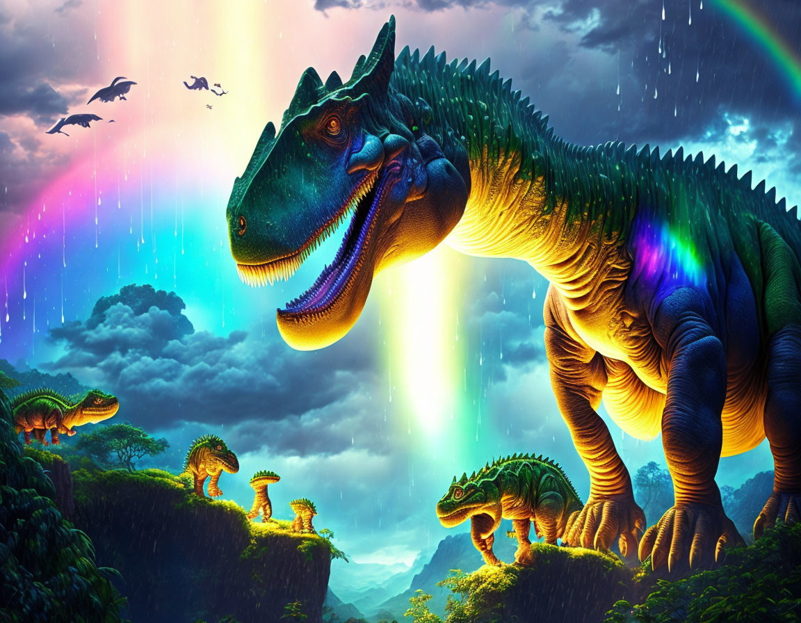 Colorful dinosaurs in lush prehistoric landscape with rainbows