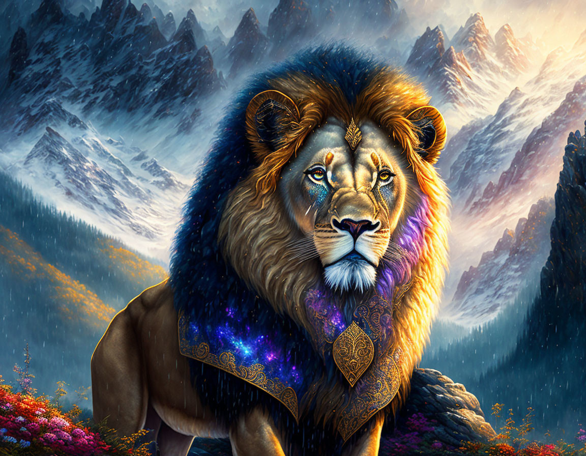 Majestic lion with starry mane in snowy mountain setting