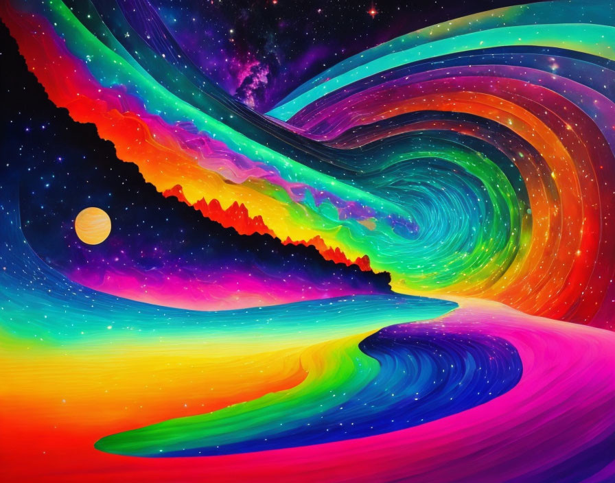 Colorful digital artwork of a psychedelic space galaxy scene