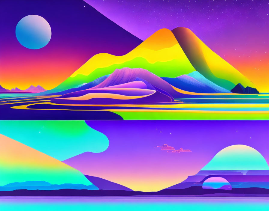 Colorful Mountains, Serene Lake, Starry Sky in Surreal Landscape