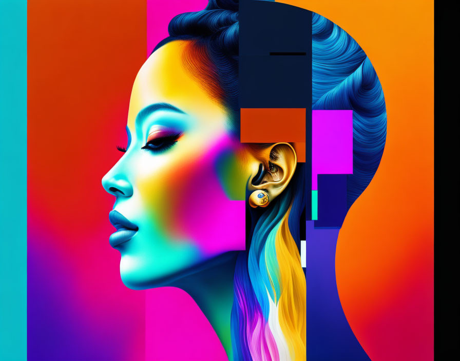 Colorful digital portrait of woman with abstract profile against split background