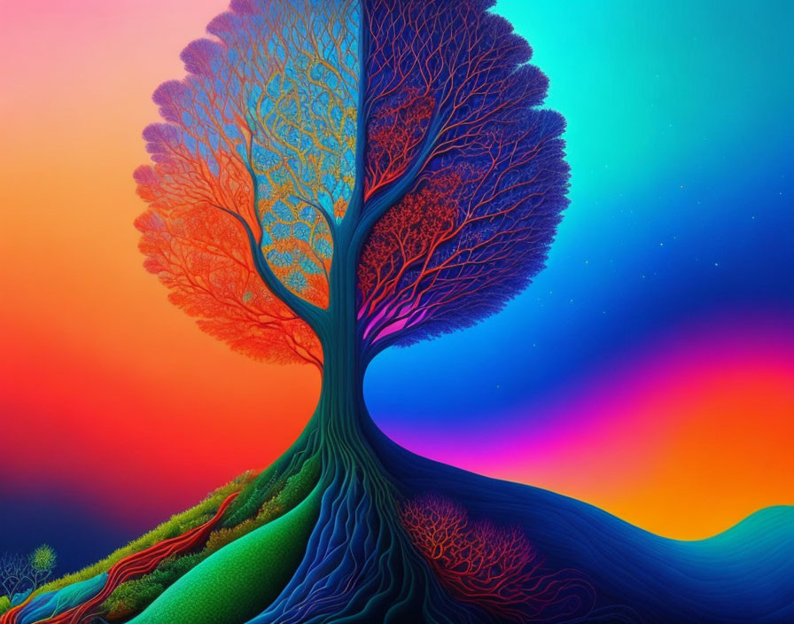 Colorful digital artwork of stylized tree on gradient background