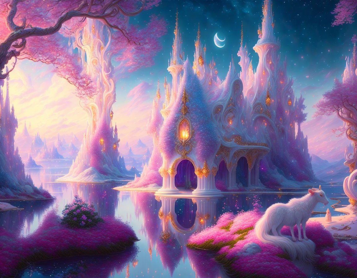 Fantasy landscape with glowing castle, pink flora, serene lake, crescent moon, and white unicorn