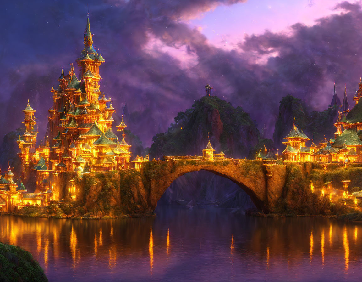 Illuminated multi-tiered palace by calm water in purple dusk