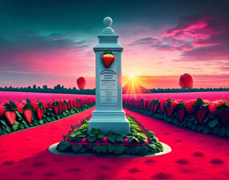 Monumental pillar with large strawberry in surreal strawberry field at sunset