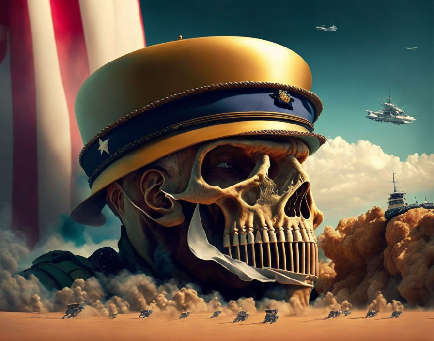 Surreal skull with military cap on American flag backdrop