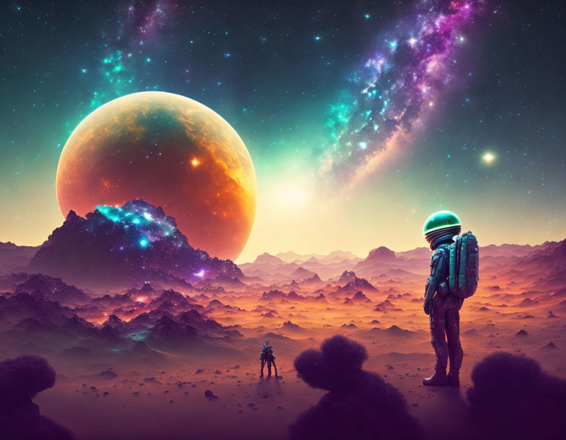 Astronaut on rocky alien planet with large planet and colorful nebula in sky