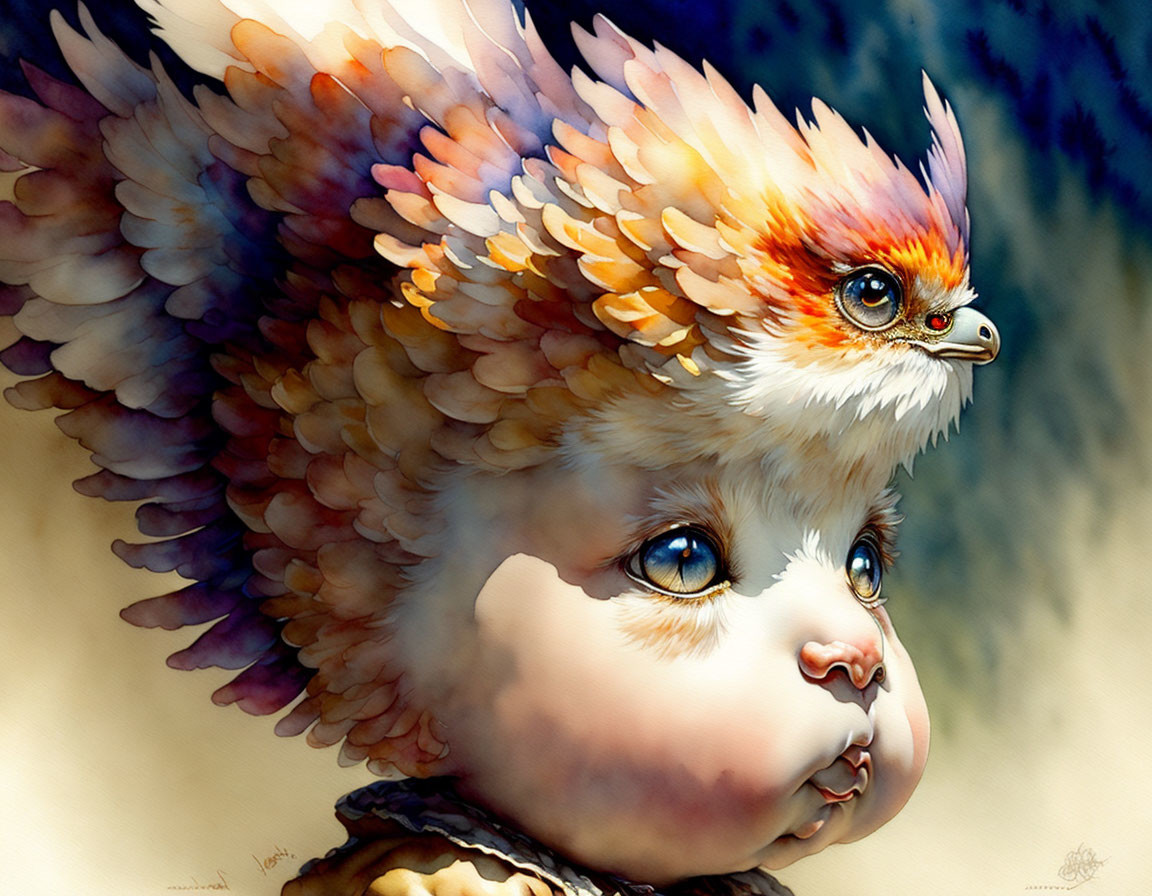 Child with colorful bird wings for ears in fantastical illustration