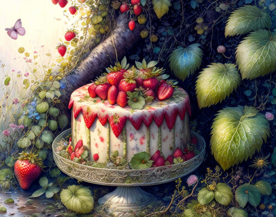 Illustration of strawberry-topped cake with berries, leaves, and butterflies