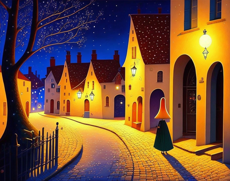 Colorful painting of cobblestone street in village at night with glowing streetlamp and person walking