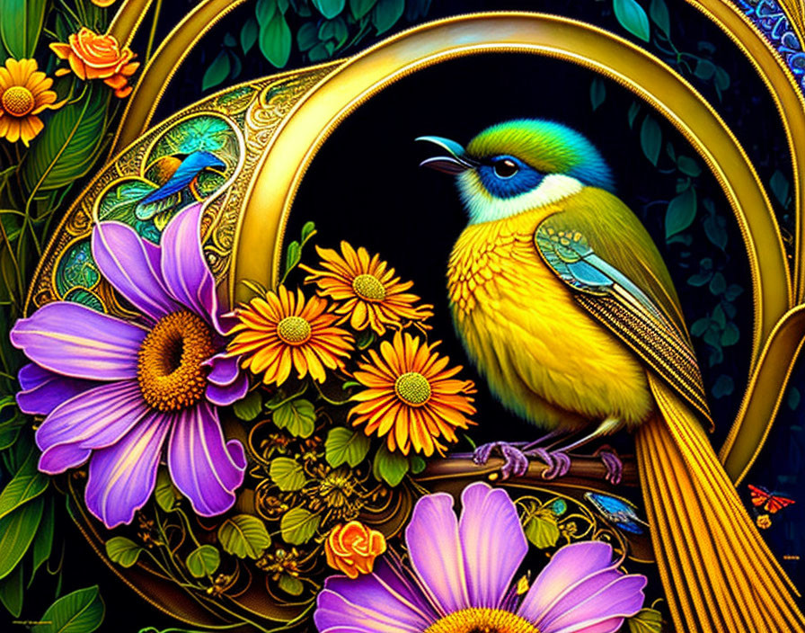 Colorful Bird Illustration with Flowers and Gold Motifs