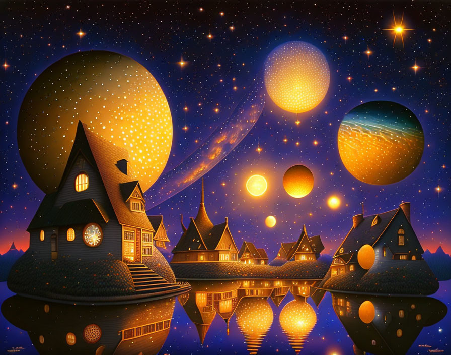 Whimsical fantasy landscape with spherical planets, glowing orbs, and serene water.