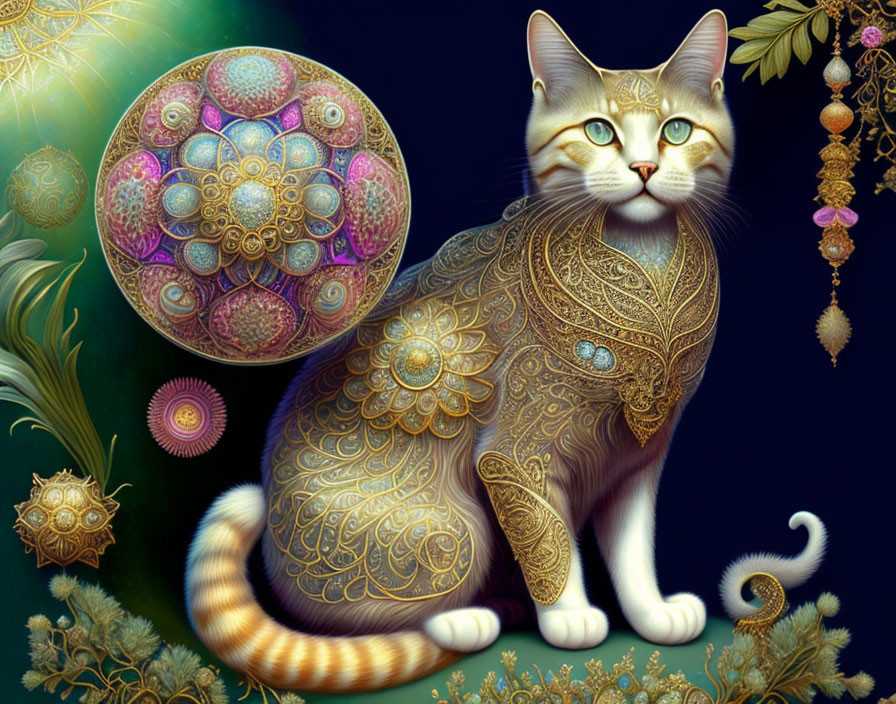 Digital image of cat with gold and jewel patterns on fur in celestial setting