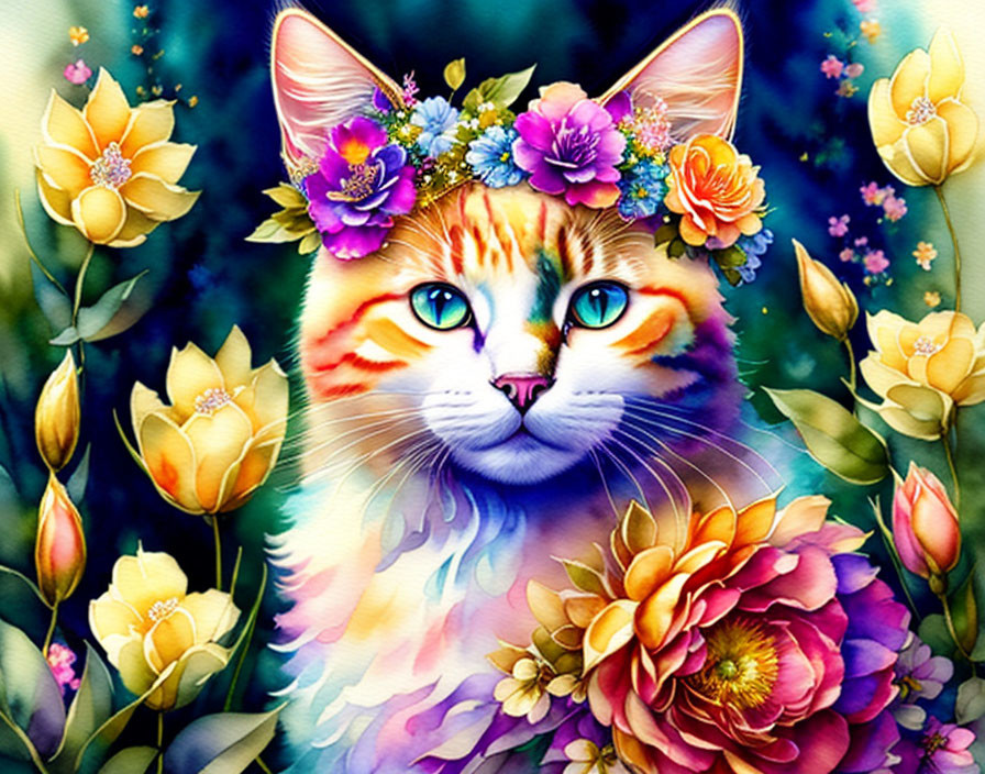 Whimsical cat illustration with floral crown on vibrant backdrop