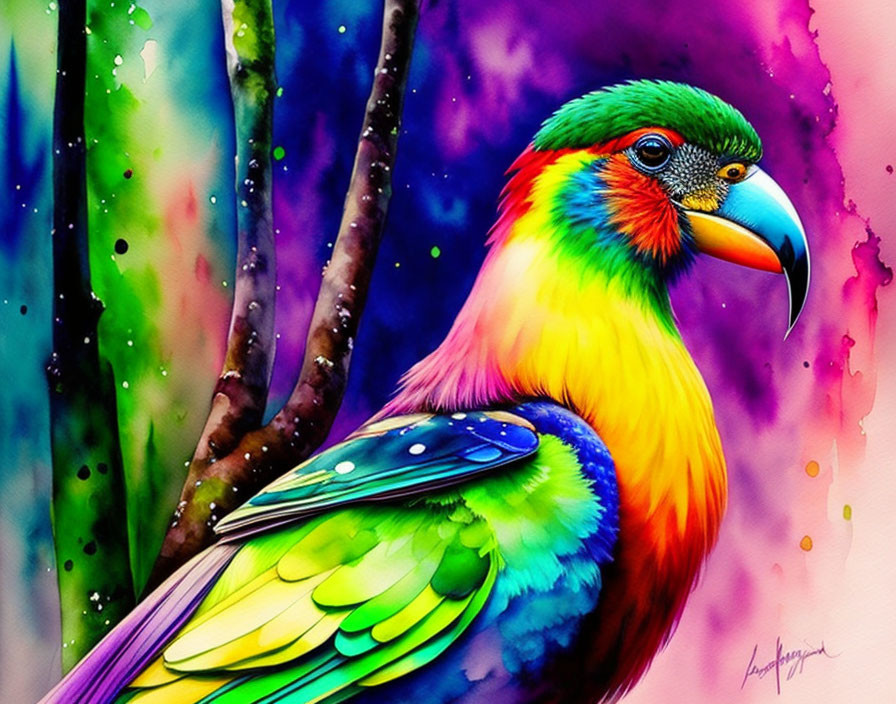 Colorful Watercolor Illustration of Multicolored Bird on Branch