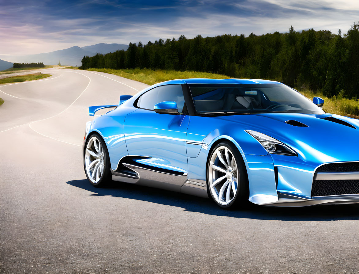 Blue Sports Car Parked on Asphalt Road with Mountain Background