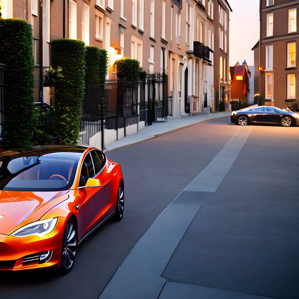 Red Electric Sedan Parked on Quiet Street at Sunset