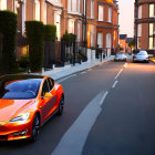 Red Electric Sedan Parked on Quiet Street at Sunset