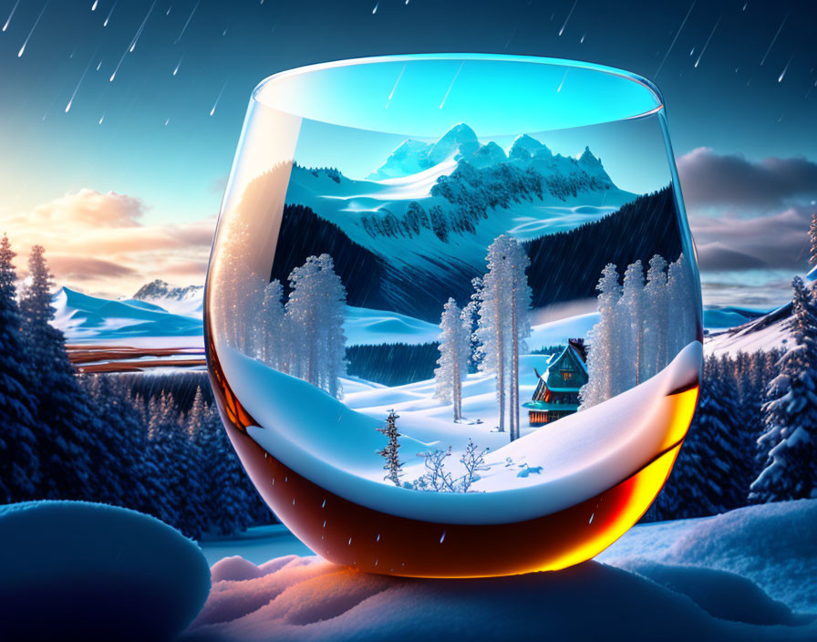 Winter Scene in Cognac Glass with Snow-Covered Trees