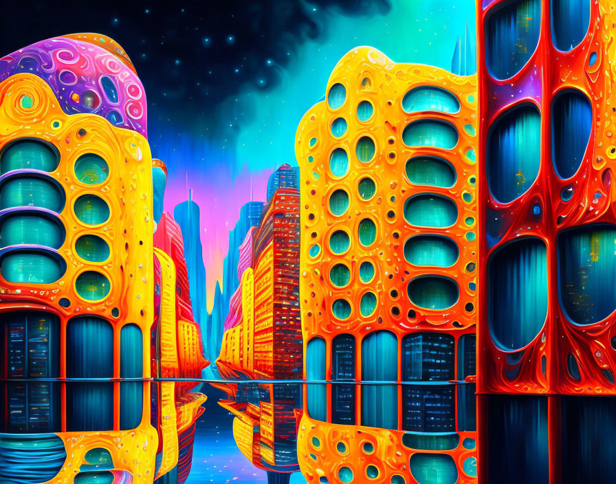 Colorful Psychedelic Cityscape Artwork with Futuristic Buildings