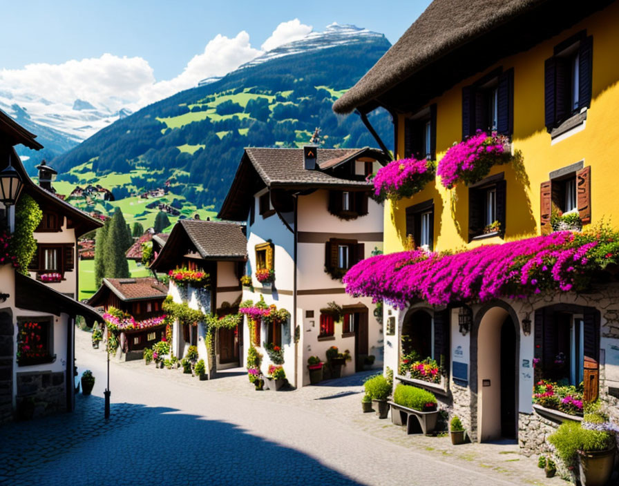 Charming European village with vibrant flower-adorned houses & mountain backdrop