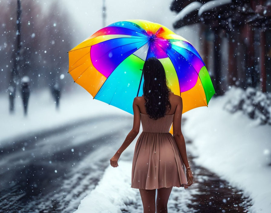 Woman in beige dress with colorful umbrella walking on snowy street