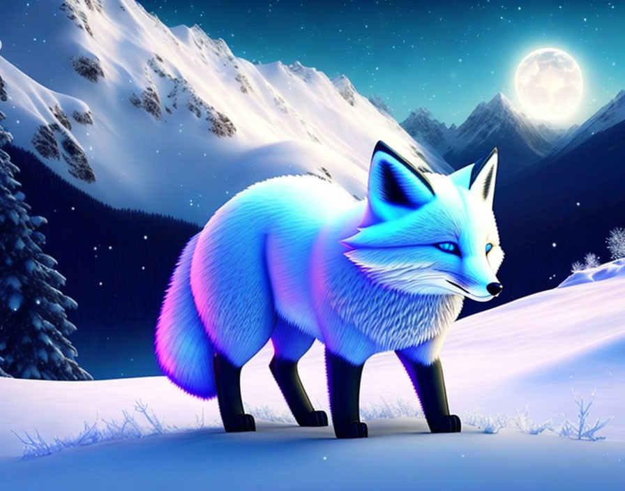 Blue and White Fox in Snowy Night Landscape with Full Moon