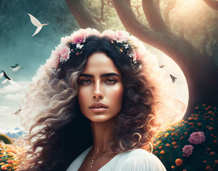 Woman with floral wreath in fantastical nature scene with birds and vibrant flora