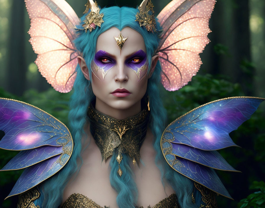 Person with Butterfly Wings and Makeup in Mystical Forest